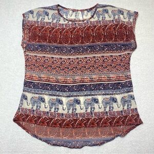 Live 4 Truth Top Women’s M Elephant Floral India Art Boho High Low Short Sleeve